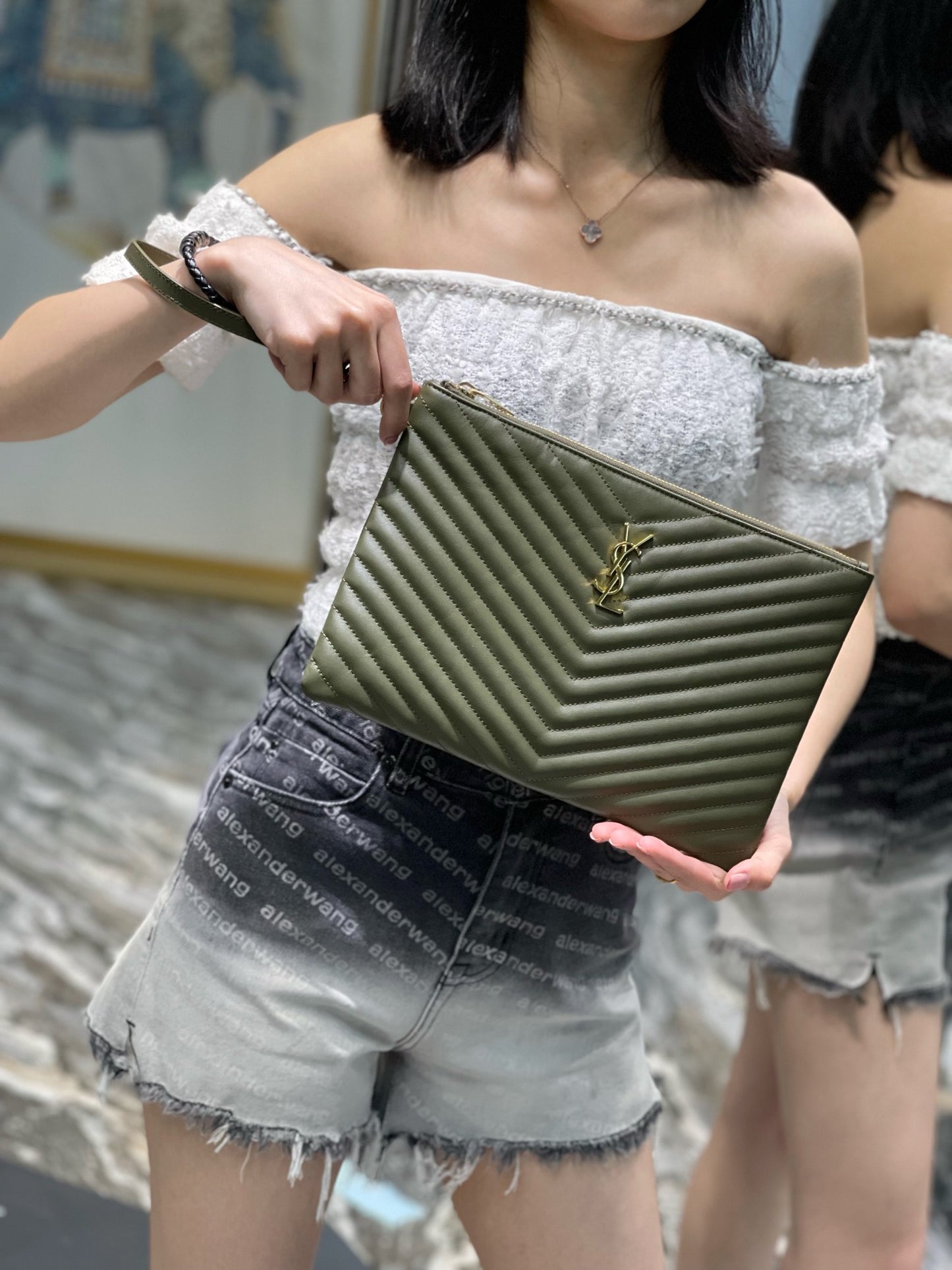 YSL_提花拼接文件手拿包-綠色金扣-30cm