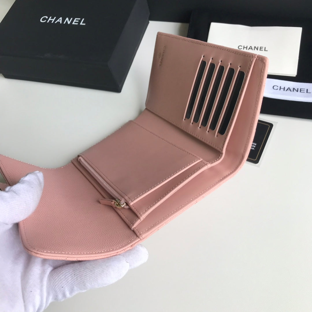 Chanel CF 三折中夾-櫻花粉荔枝皮金釦