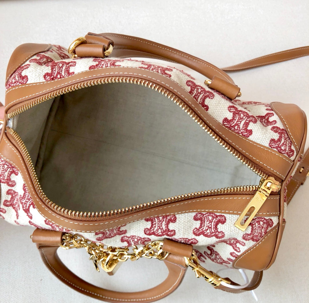 賽C家-TRIOMPHE刺繡織物小號波士頓手袋 刺繡紅色