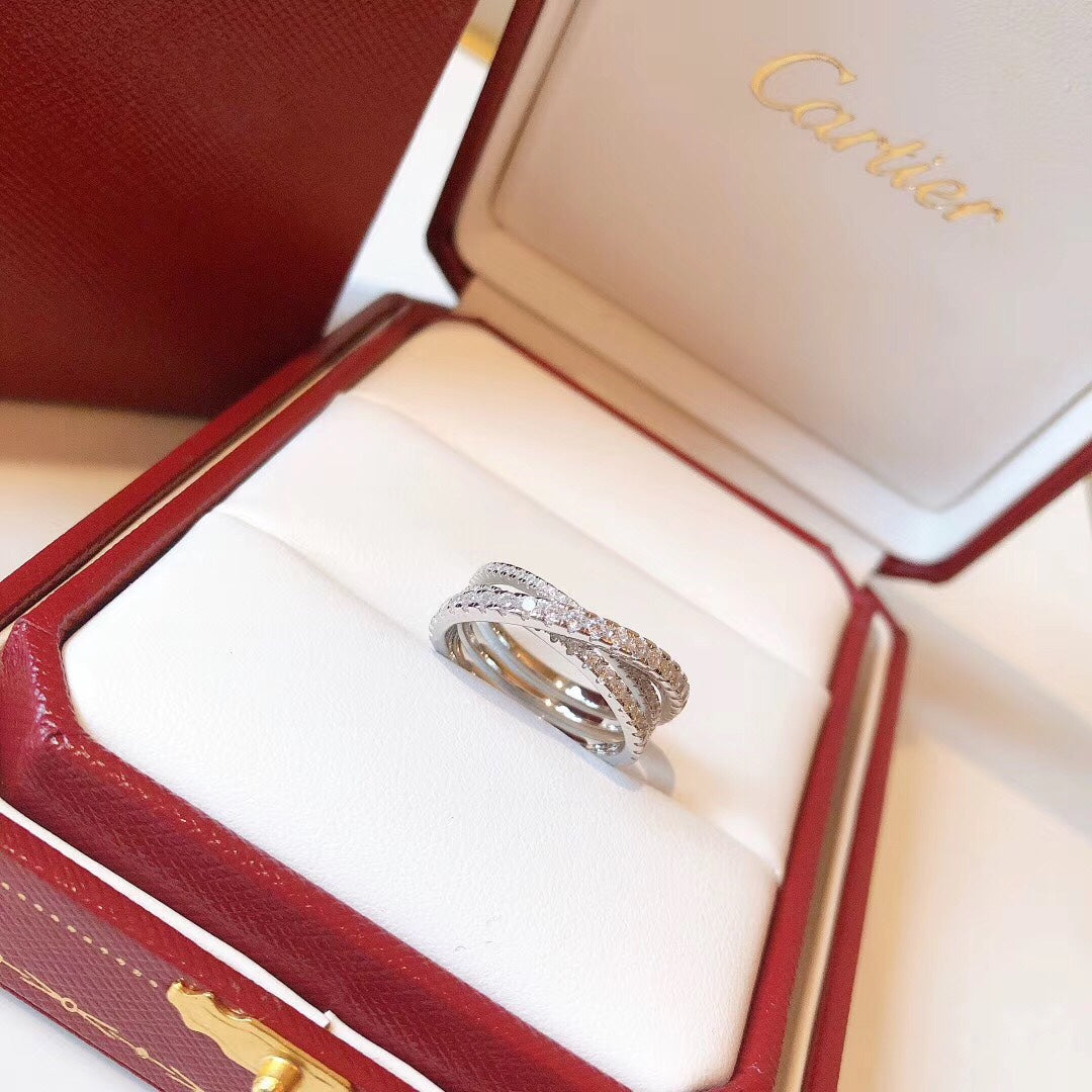 Cartier 窄版交叉戒指戒指-白金-三排鑽