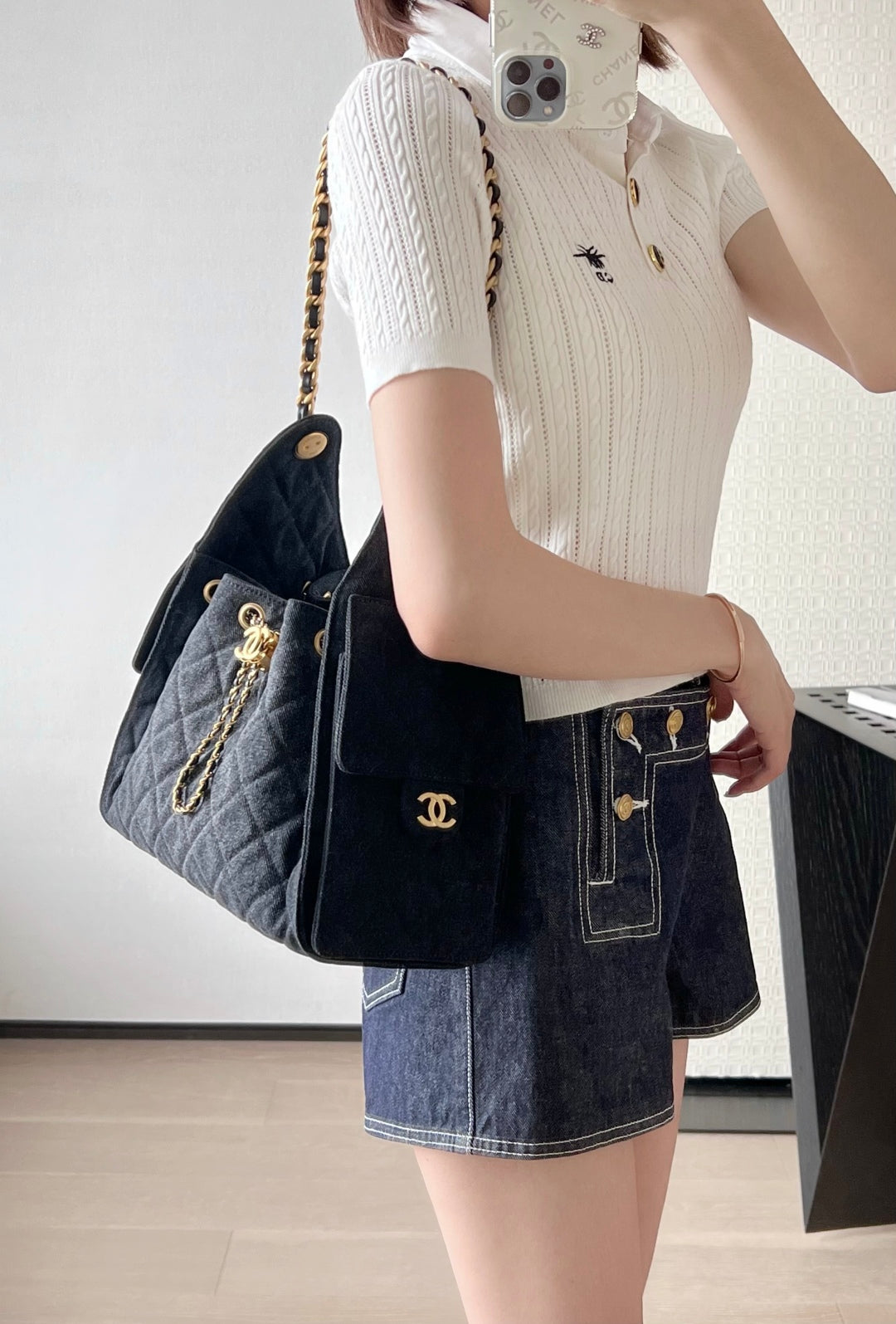 小香家-25S 25Bag丹寧牛仔抽繩水桶Hobo小號 黑色