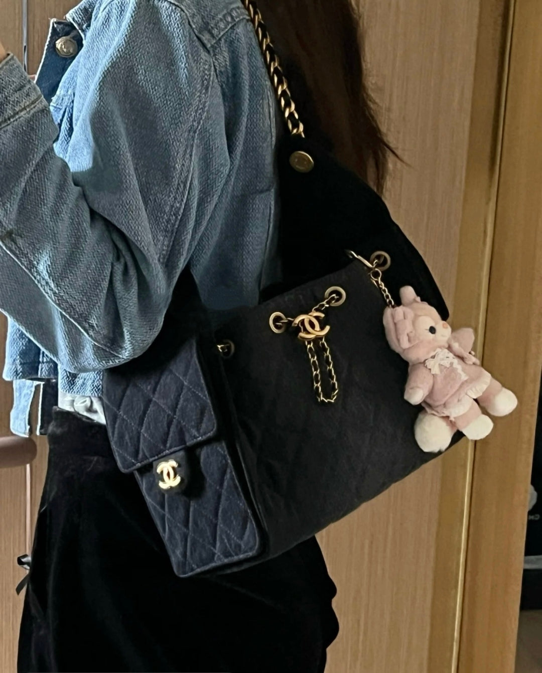 小香家-25S 25Bag丹寧牛仔抽繩水桶Hobo小號 黑色