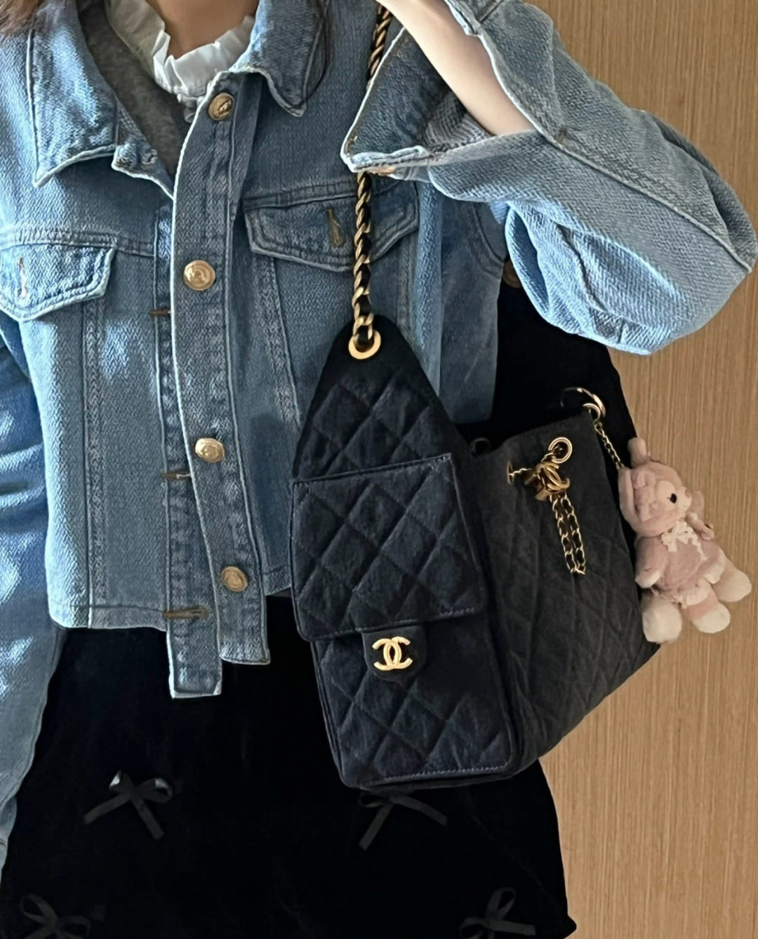 小香家-25S 25Bag丹寧牛仔抽繩水桶Hobo小號 黑色