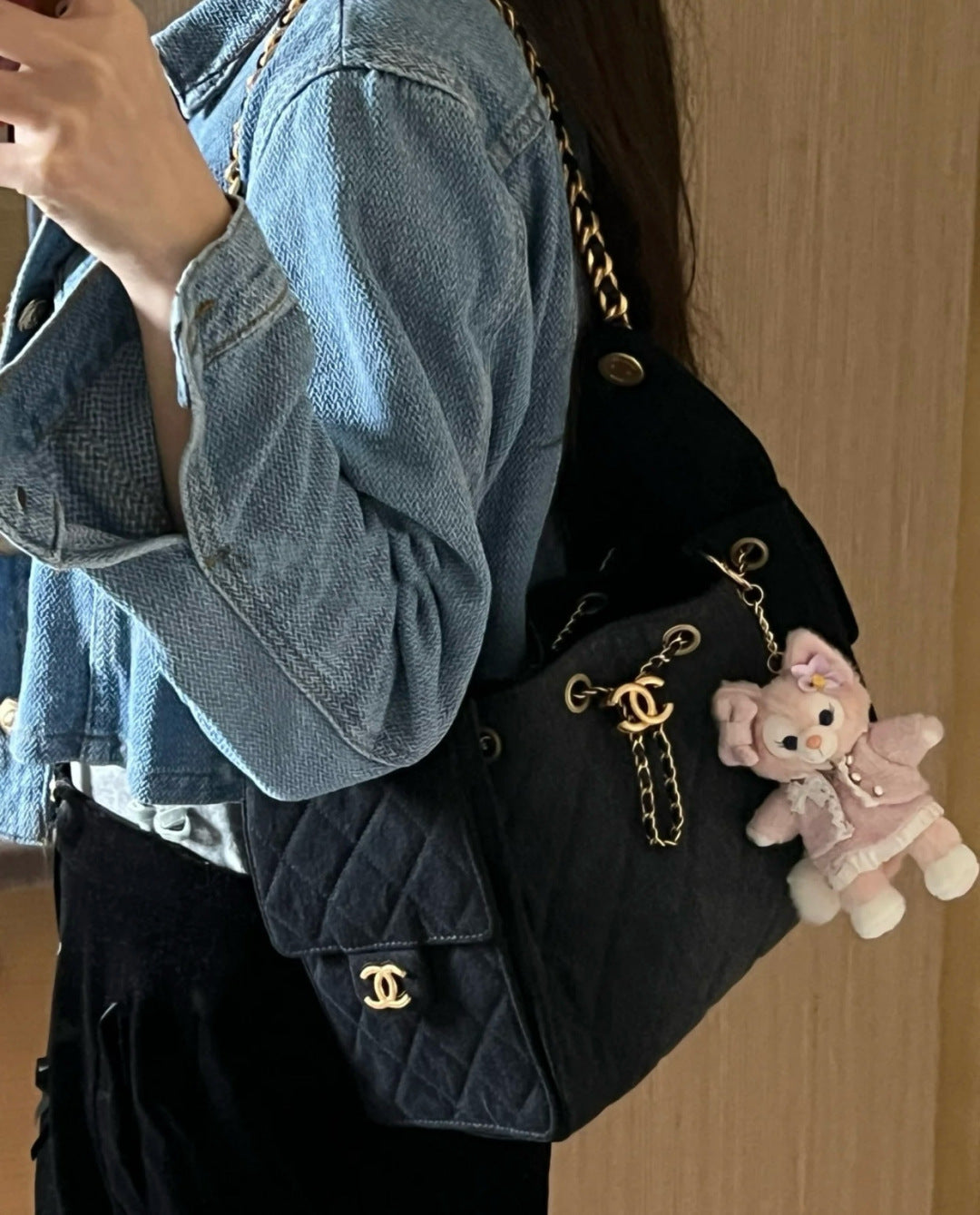 小香家-25S 25Bag丹寧牛仔抽繩水桶Hobo小號 黑色