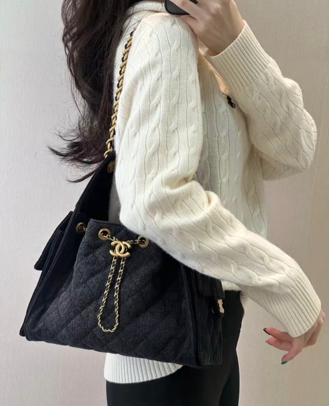 小香家-25S 25Bag丹寧牛仔抽繩水桶Hobo小號 黑色
