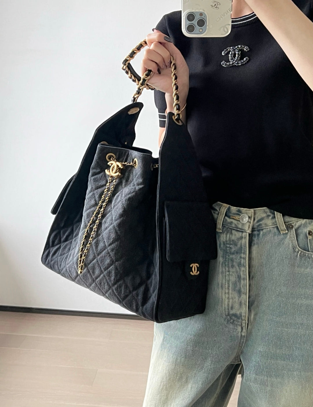 小香家-25S 25Bag丹寧牛仔抽繩水桶Hobo中號 黑色