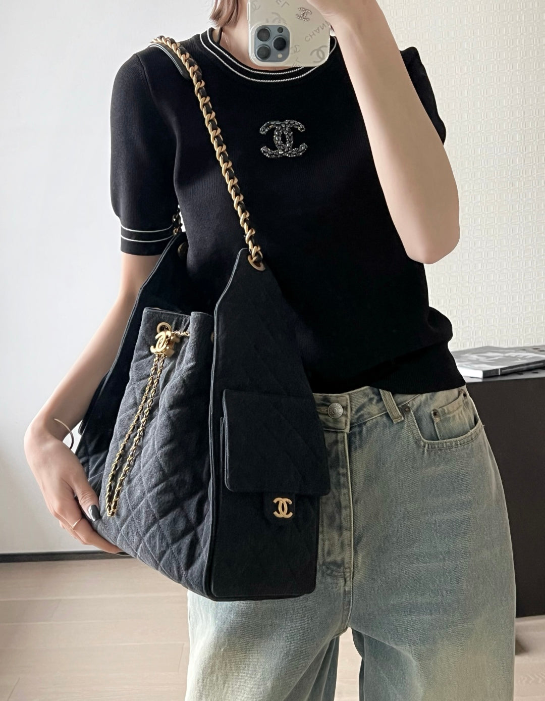 小香家-25S 25Bag丹寧牛仔抽繩水桶Hobo中號 黑色