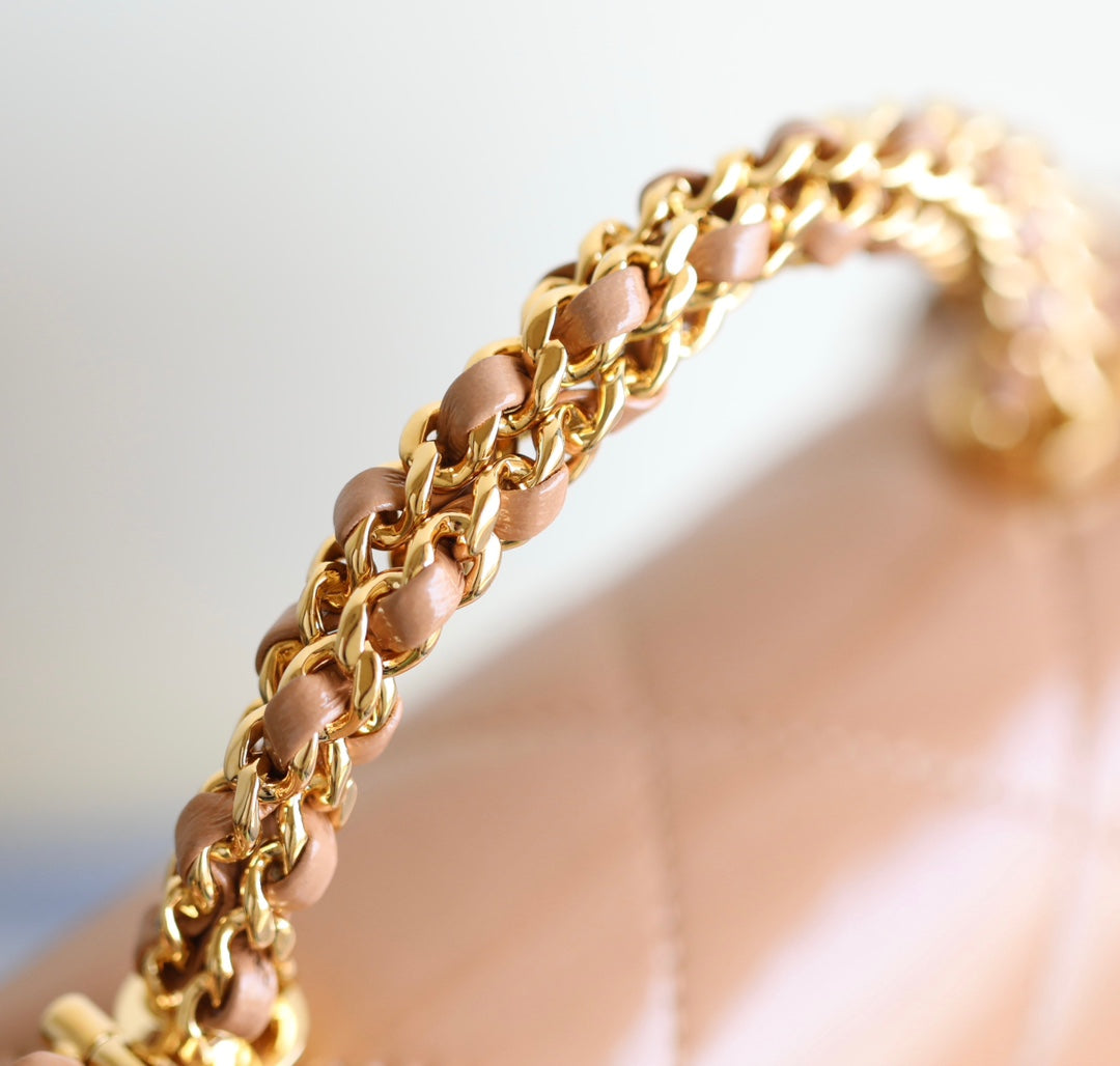 小香家-口蓋包擰鍊手把包小號 奶茶色