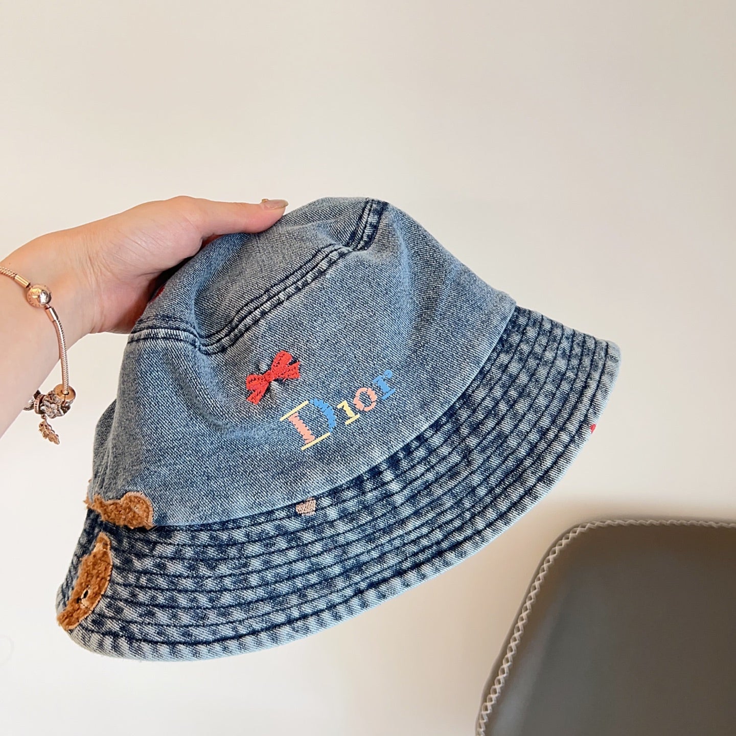 迪D家-小熊刺繡漁夫帽 牛仔