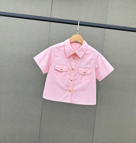 穆Ｍ家-2404 字母刺繡棉質短袖襯衫 粉色