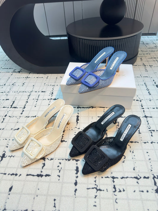 Manolo Blahnik-2024 蕾絲高跟拖鞋 集合圖