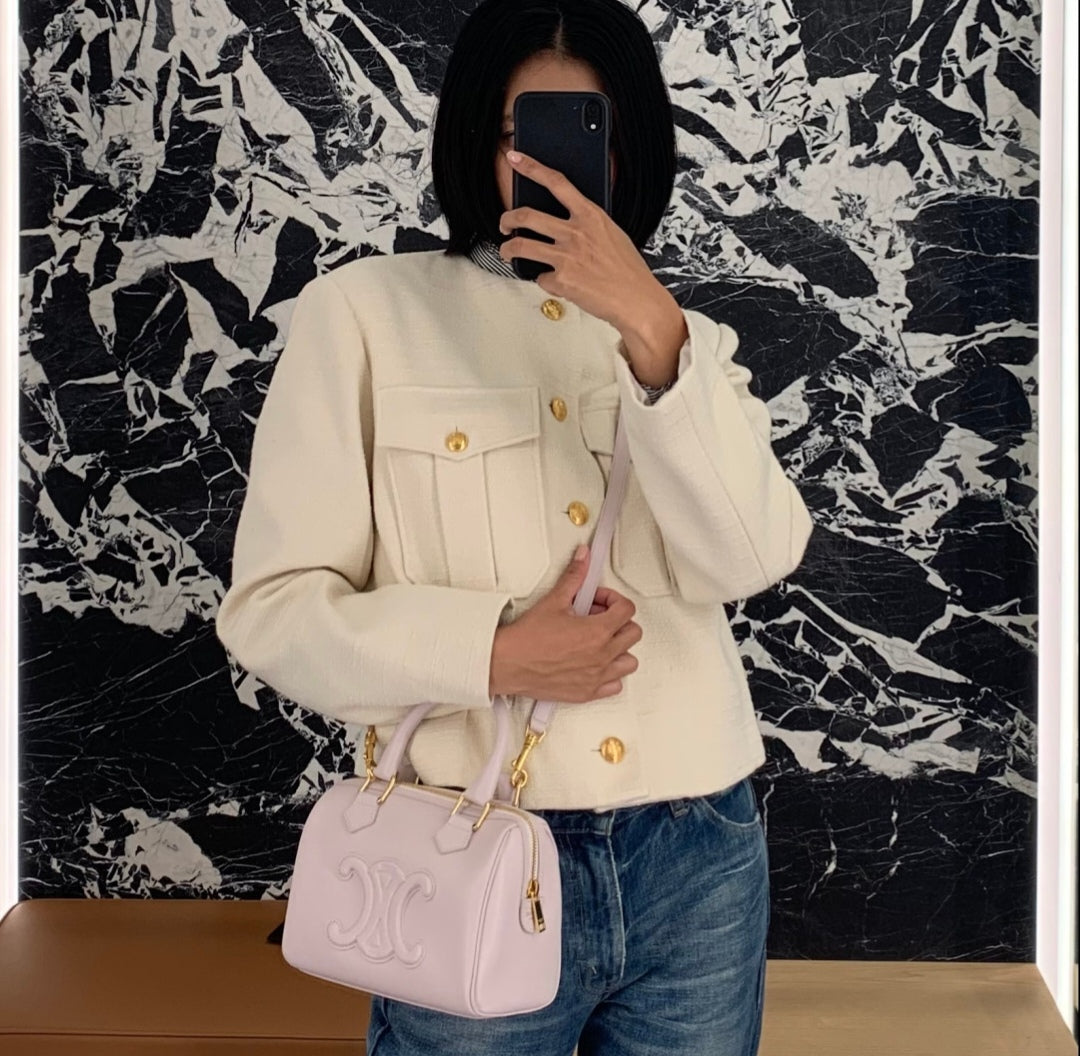 賽C家-2023春夏系列 CUIR TRIOMPHE光滑小牛皮革波士頓包 粉杏色 小號