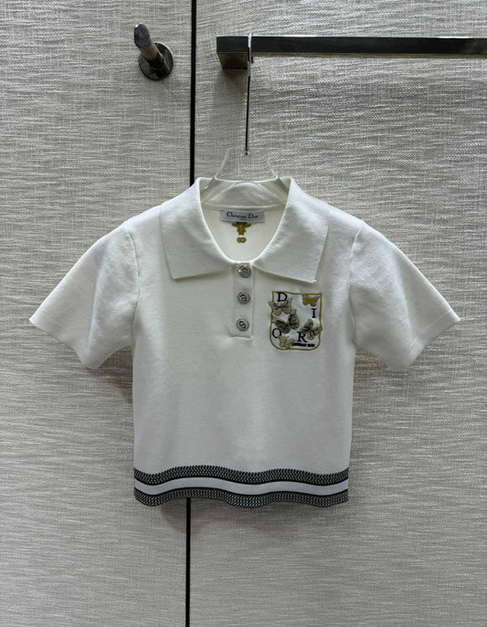 迪D家-2403 刺繡蝴蝶polo領針織短袖 白色