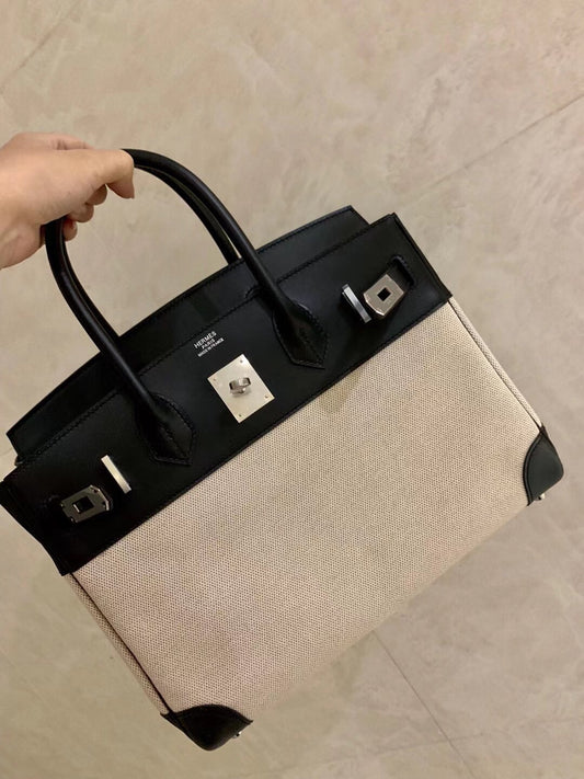 小愛款-Birkin 30 小牛皮拼帆布 黑色