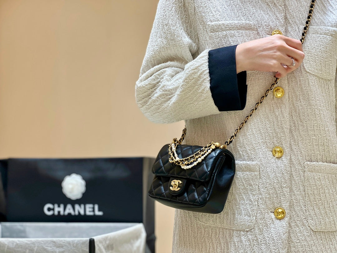 小香家-Chanel 珍珠鍊方胖子 肩背包/手提包 黑色