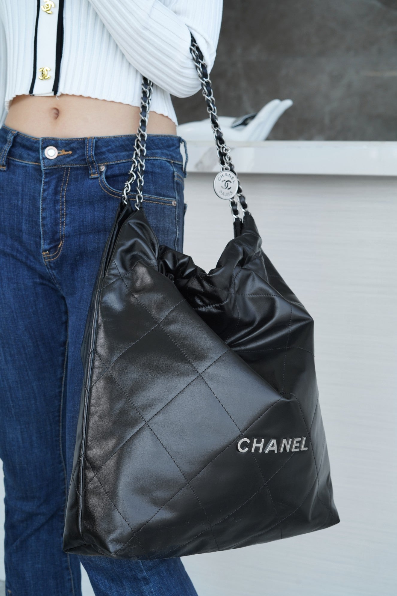 小香家-Chanel 22號手袋 黑銀色大號