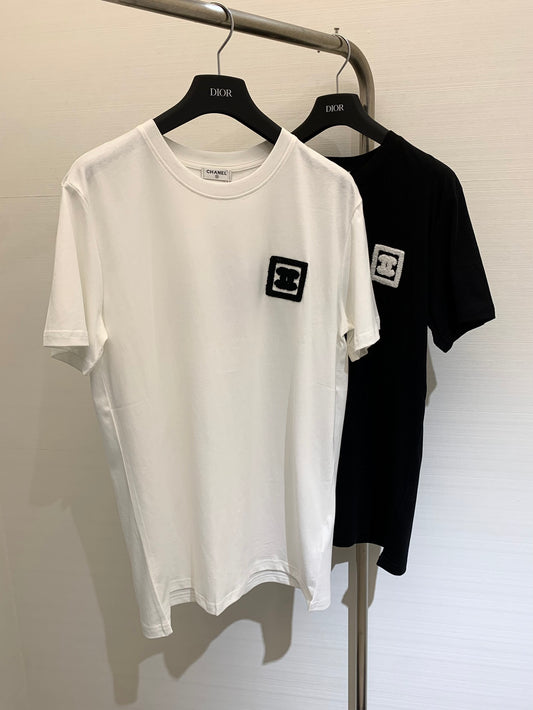 小香家-2404 春夏新款中古風毛巾繡方塊短袖 白色