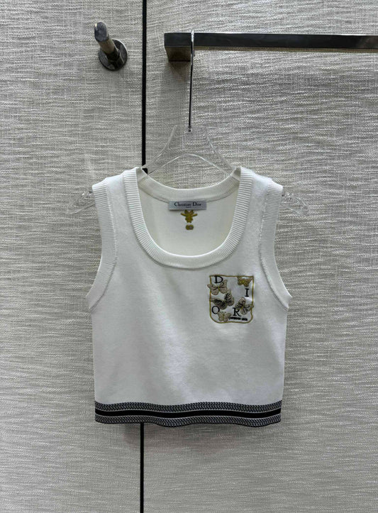 迪D家-2403 刺繡蝴蝶圓領針織背心 白色