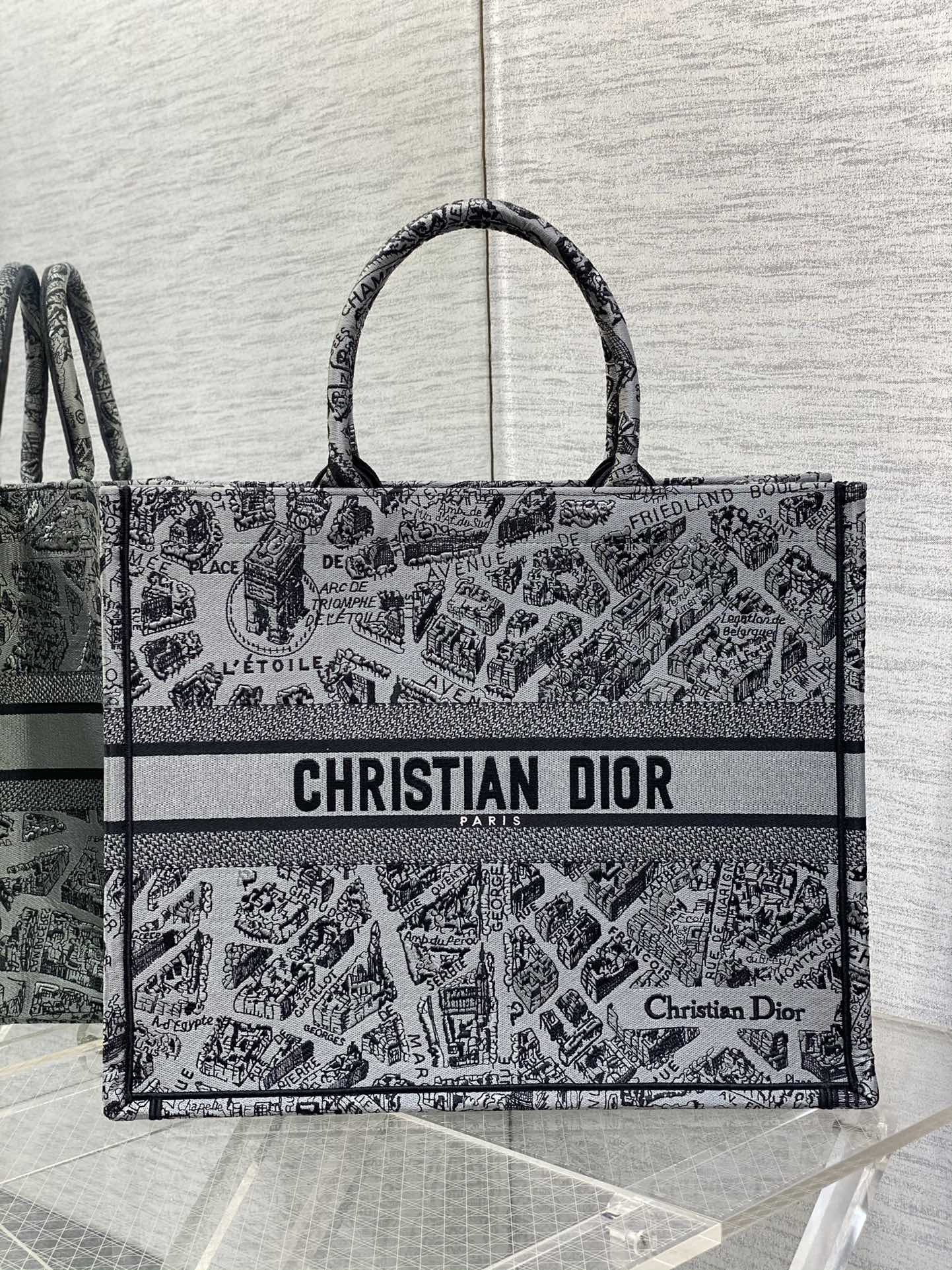 迪D家-Book Tote 2023春夏系列 巴黎地圖刺繡 灰色 大號