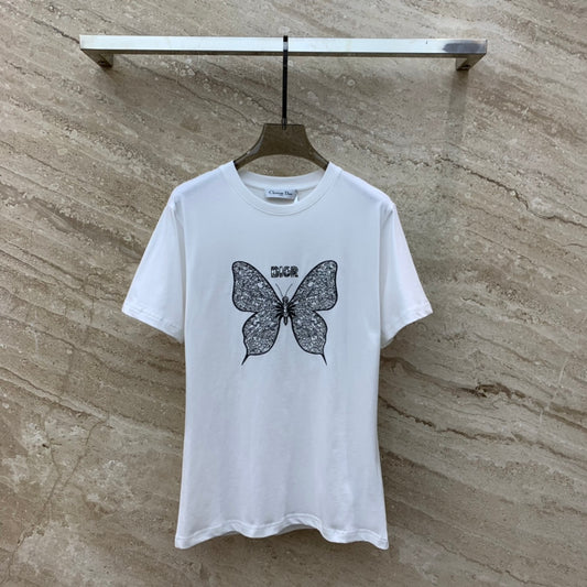 迪D家-2403 蝴蝶刺繡logo圓領短袖TEE 白色