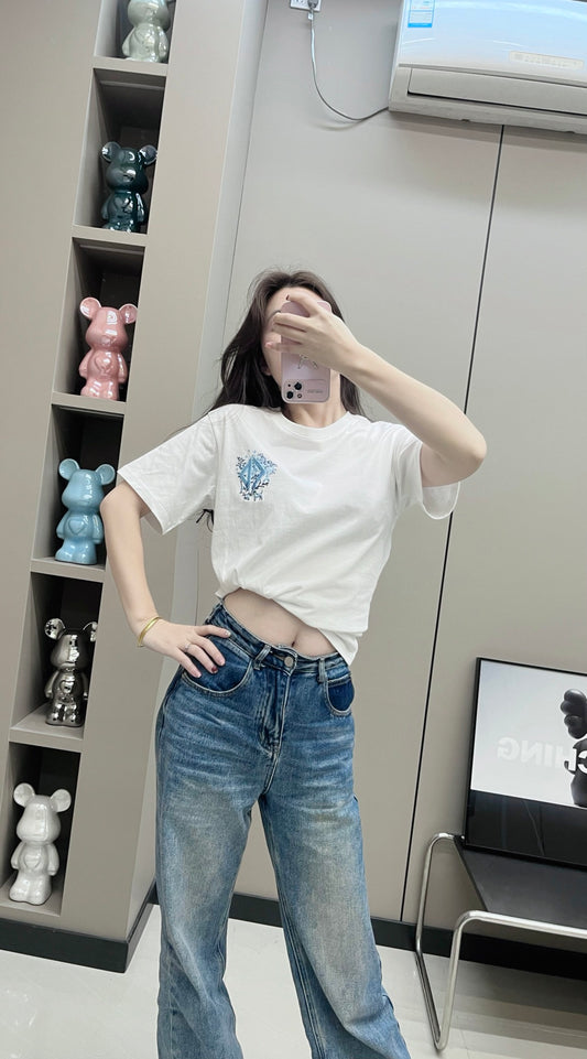 迪D家-2403 撞色刺繡短袖TEE 白色