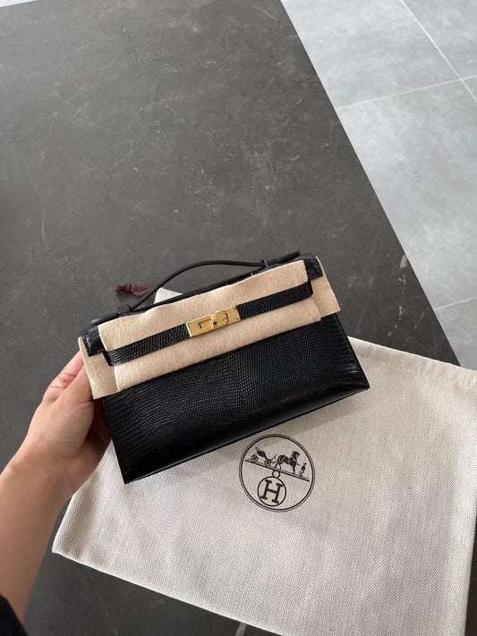 小愛款-Kelly Mini 1代 蜥蜴皮 黑色 金扣