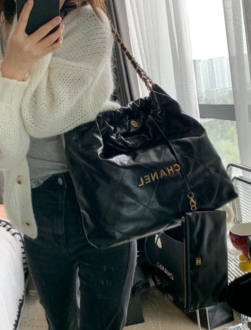 小香家-Chanel 22號手袋 黑金色中號