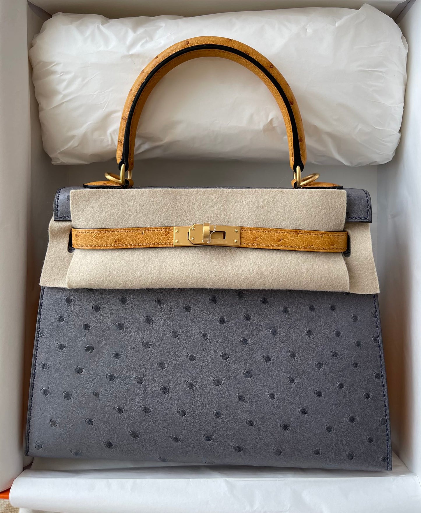 小愛款-Kelly 25 SO鴕鳥 瑪瑙灰拼琥珀黃