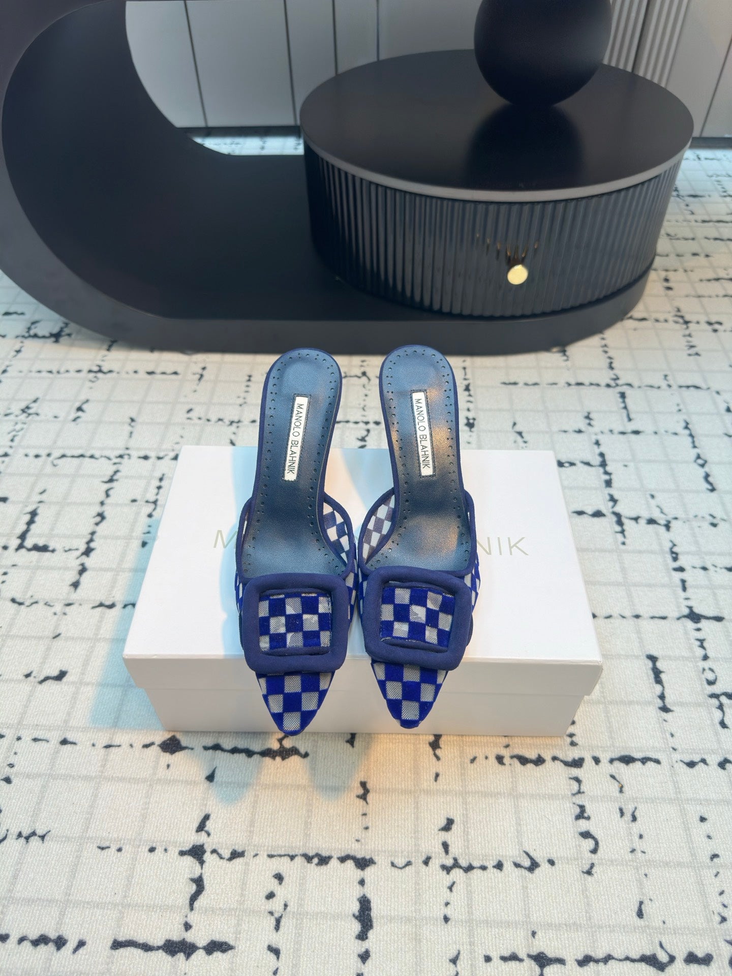 Manolo Blahnik-2024 格狀高跟拖鞋 藍色