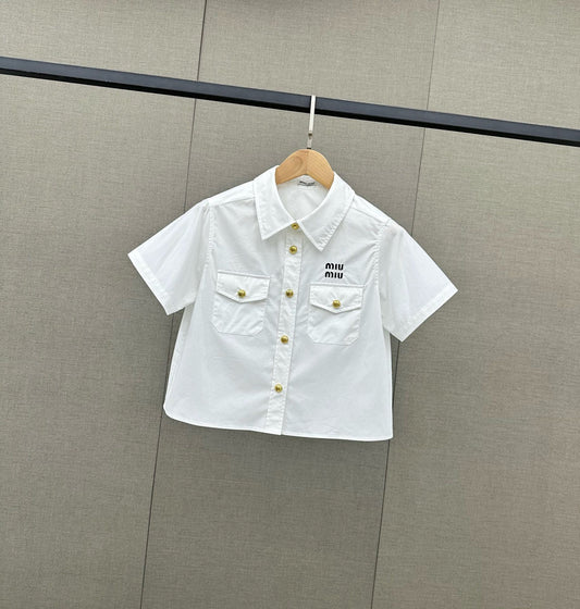 穆Ｍ家-2404 字母刺繡棉質短袖襯衫 白色