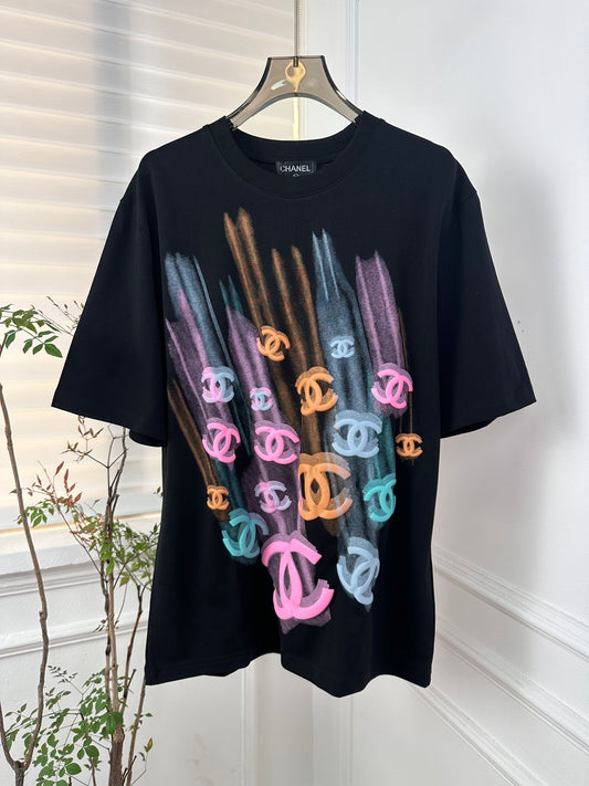 小香家-2403 24春夏新款多巴胺彩繪中古印花TEE