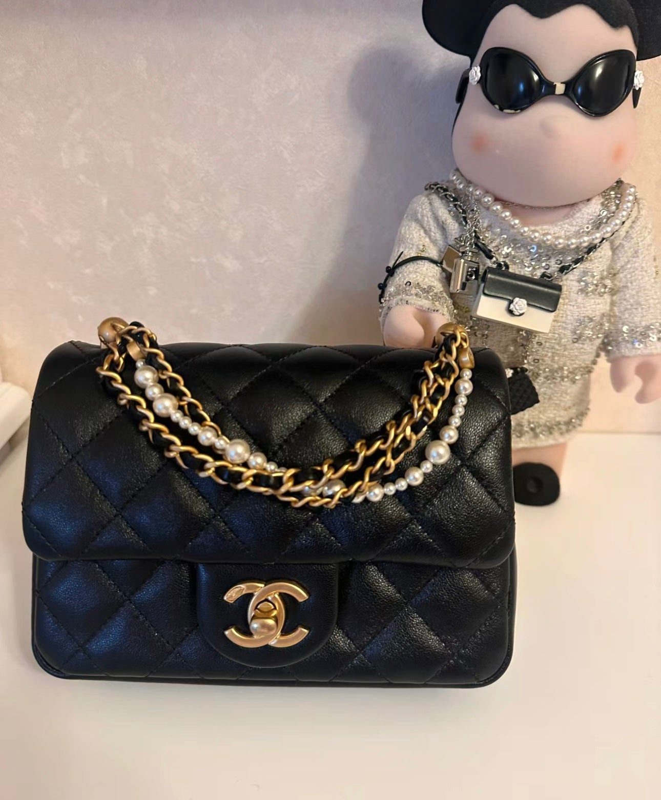 小香家-Chanel 珍珠鍊方胖子 肩背包/手提包 黑色