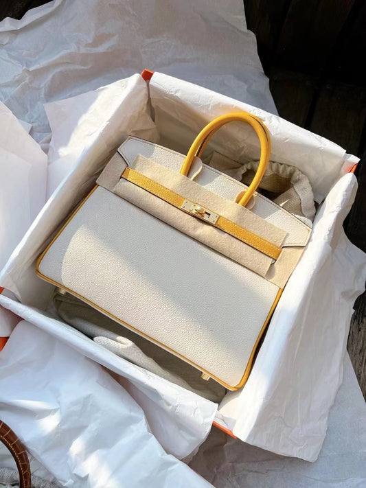 小愛款-Birkin 25 奶昔白拼琥珀黃 金扣
