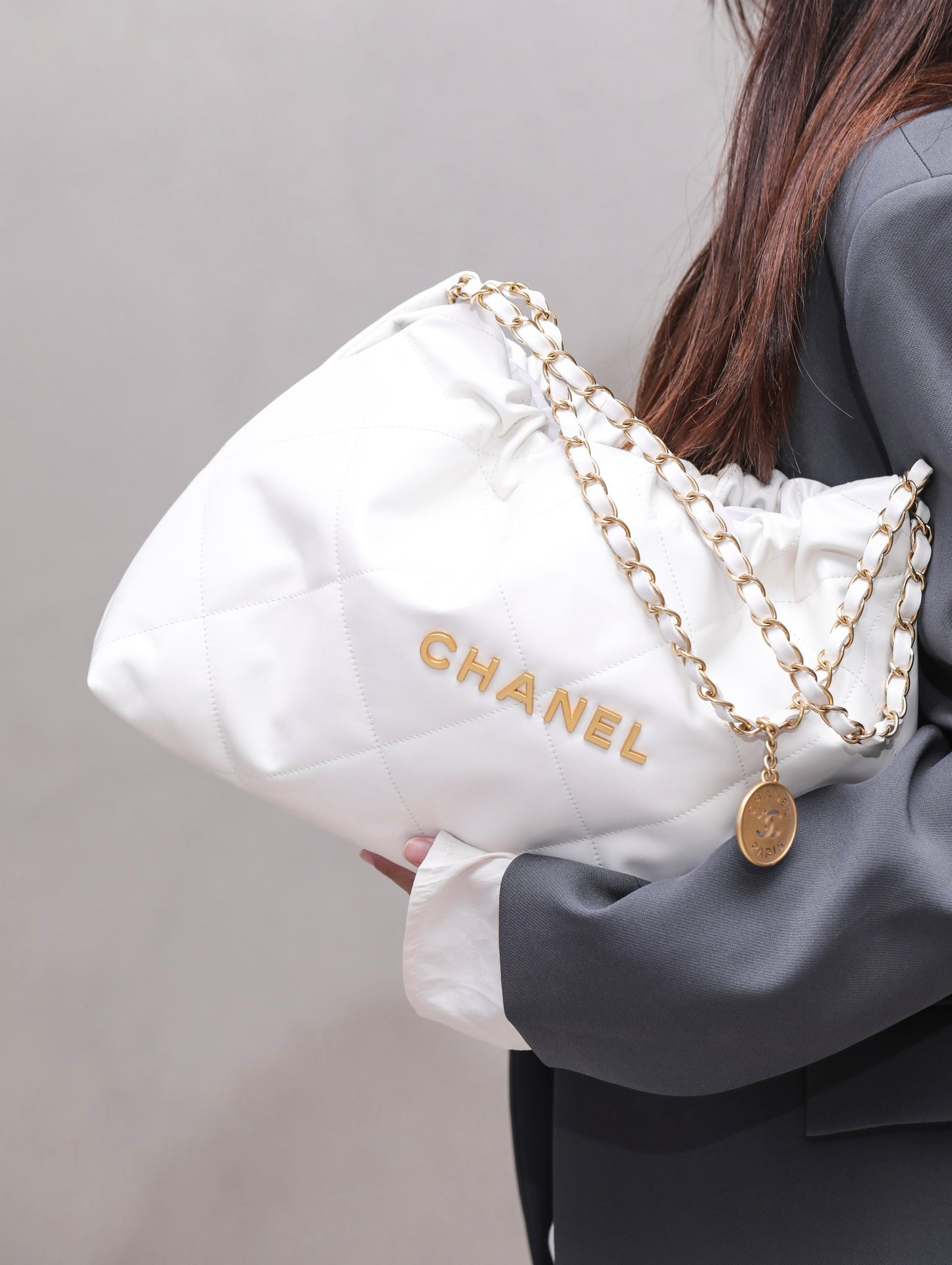小香家-Chanel 22號手袋 橫版 白金色