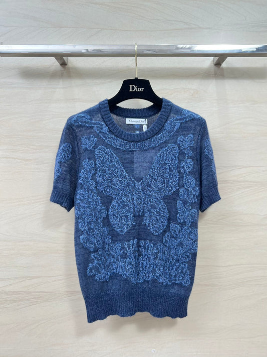 迪D家-2403 24早春新品重工蝴蝶花卉刺繡羊絨針織短袖上衣 藍色