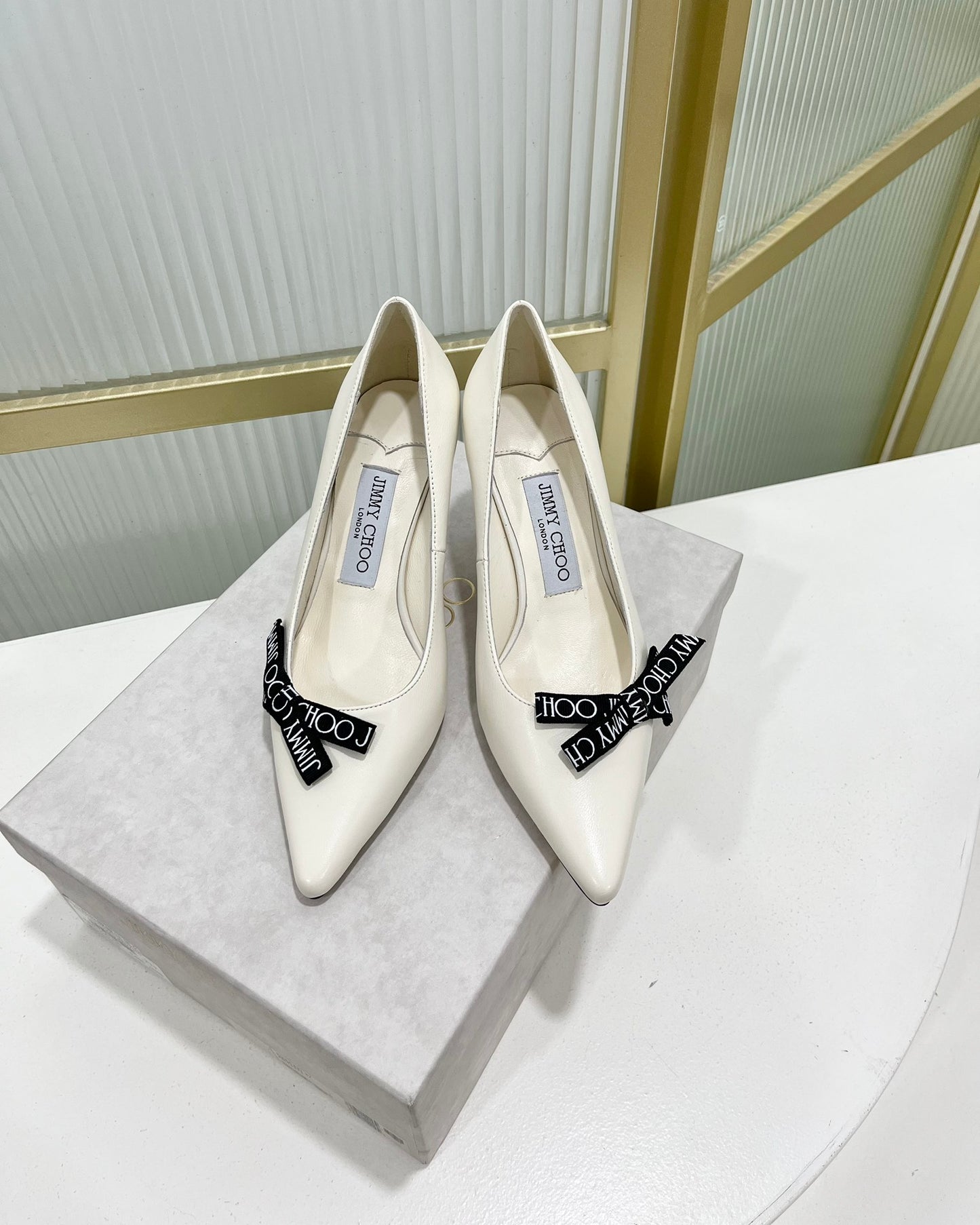 JC傑米-2023新款 印花織帶尖頭高跟鞋 6CM 白色