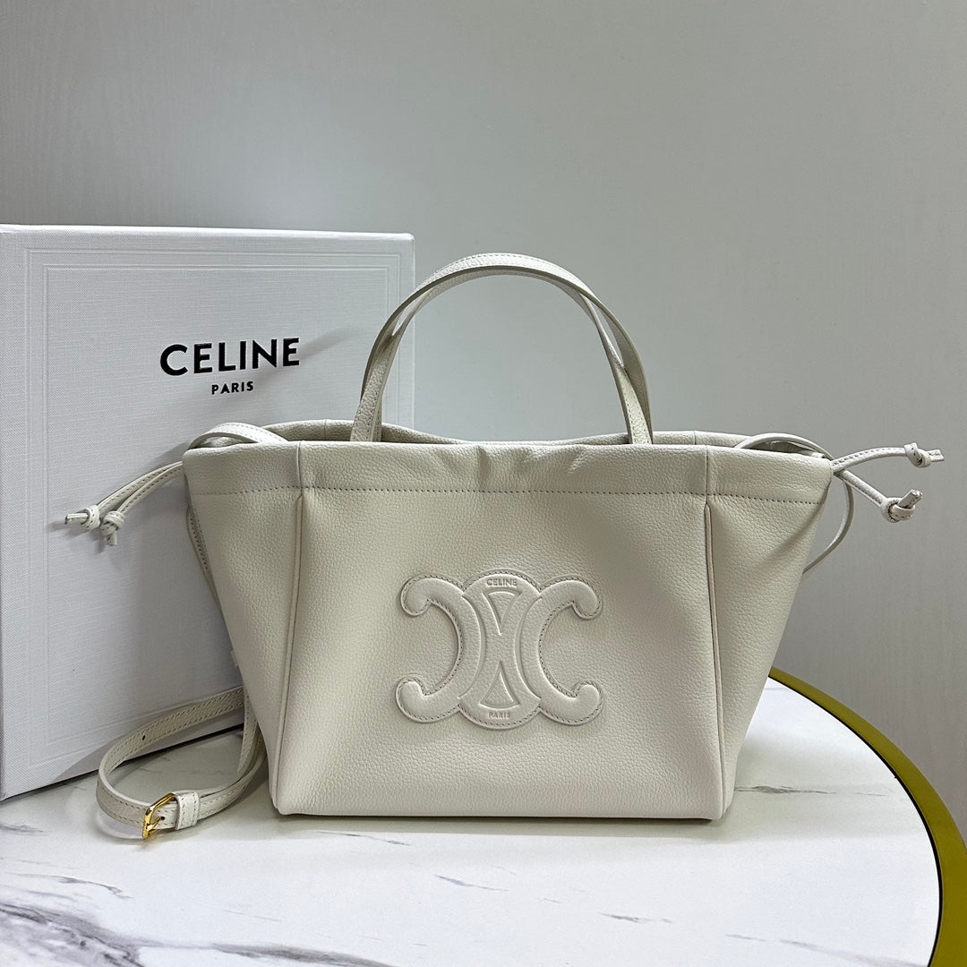 賽C家-CABAS TRIOMPHE 光滑牛皮革抽繩包 奶白色 小號