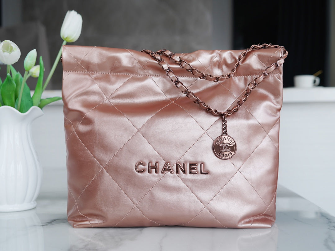 小香家-Chanel 22號手袋 玫瑰金背帶 雙鍊條