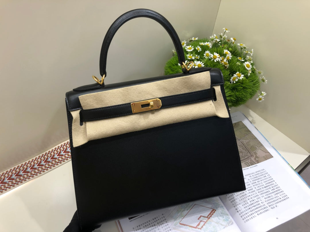 小愛款-Kelly 28 box皮 黑色 金扣