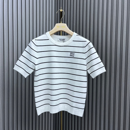 穆M家-2404 24新品上架圓領條紋短袖TEE 白色