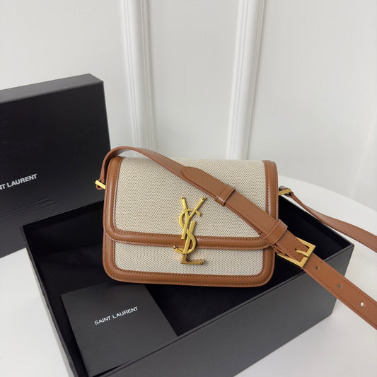 熱銷款 聖Y羅-BOX SAINT LAURENT 豆腐包 小號 棉麻米色