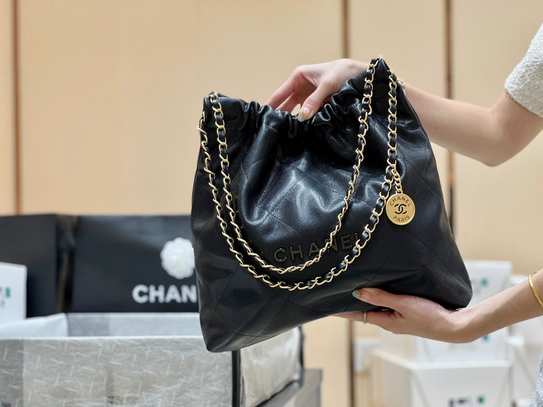 小香家-Chanel 22號手袋 魚子醬皮黑金色 中號