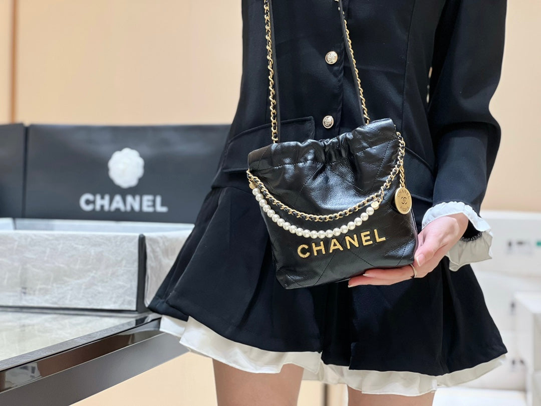 小香家-Chanel 22號手袋 黑色 雙鍊條 珍珠鍊