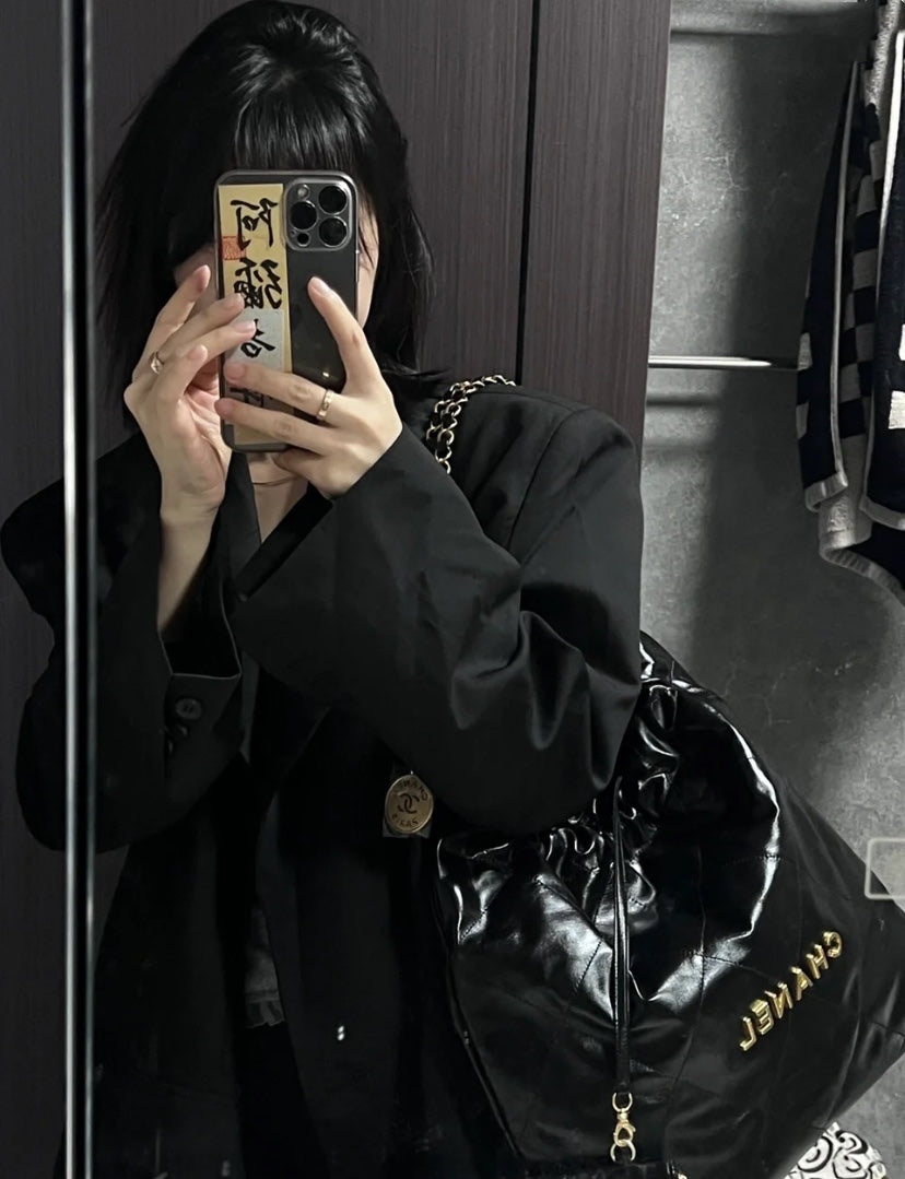 小香家-Chanel 22號手袋 黑金色中號