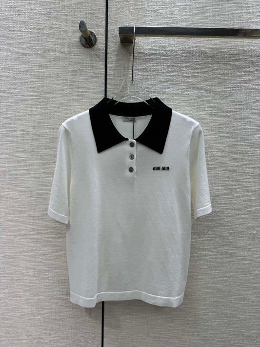 穆M家-2404 撞色字母polo領針織短袖 白色
