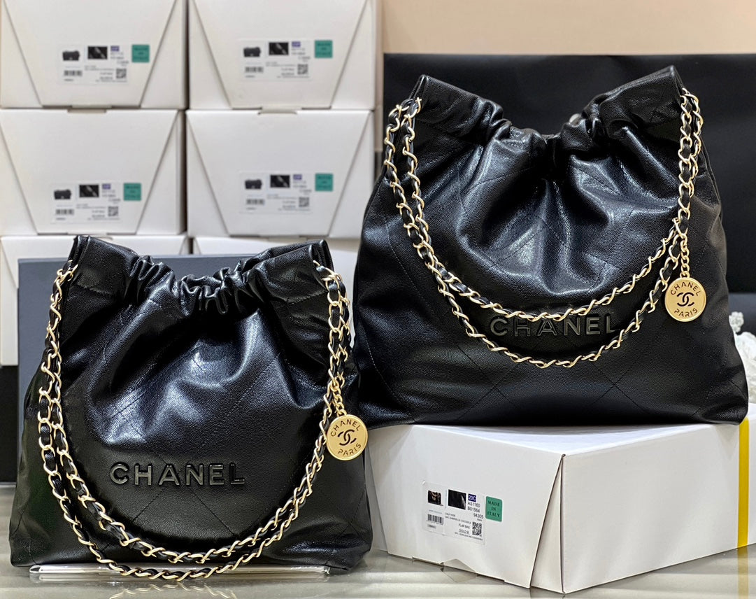 小香家-Chanel 22號手袋 魚子醬皮黑金色 中號