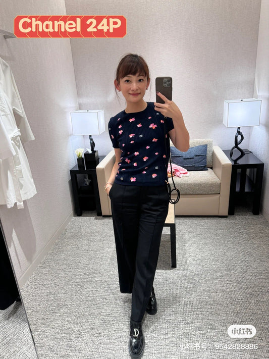 小香風-2403 四葉草提花針織短袖 黑色