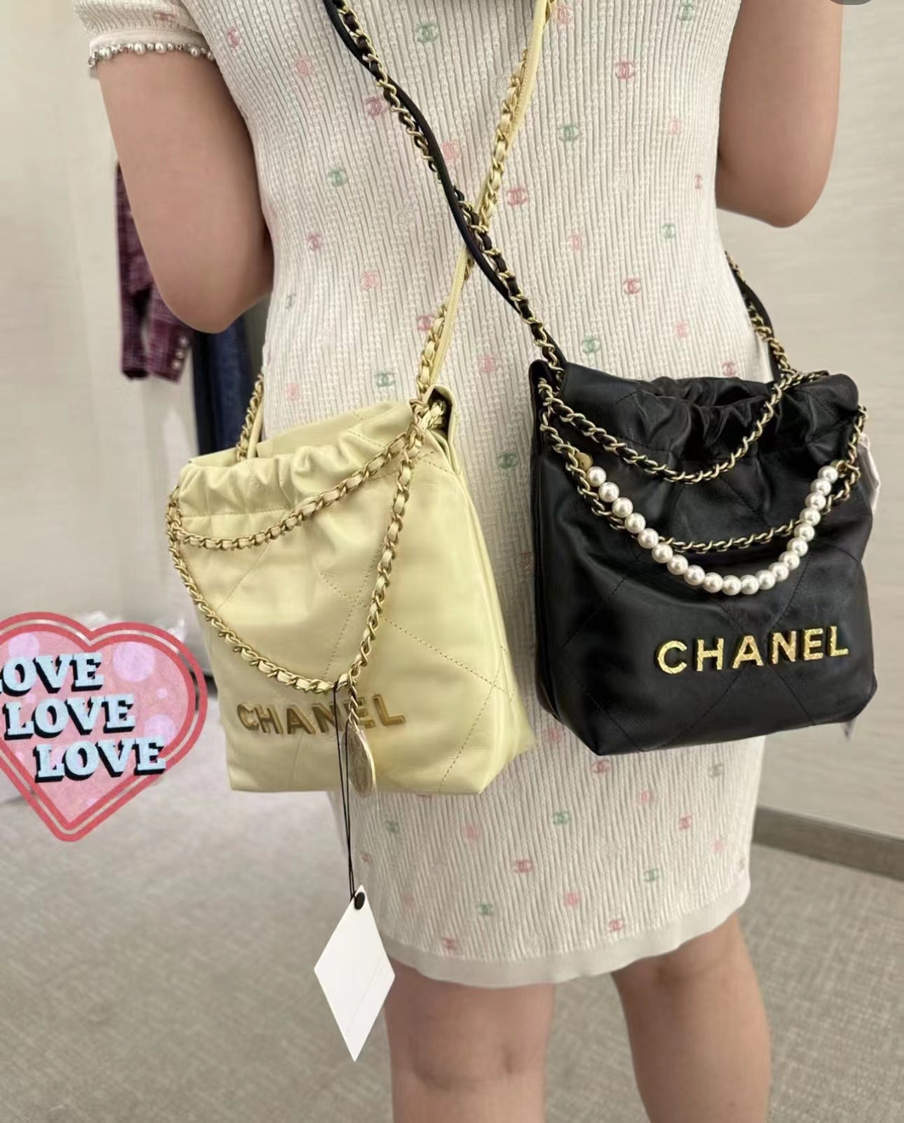 小香家-Chanel 22號手袋 黑色 雙鍊條 珍珠鍊