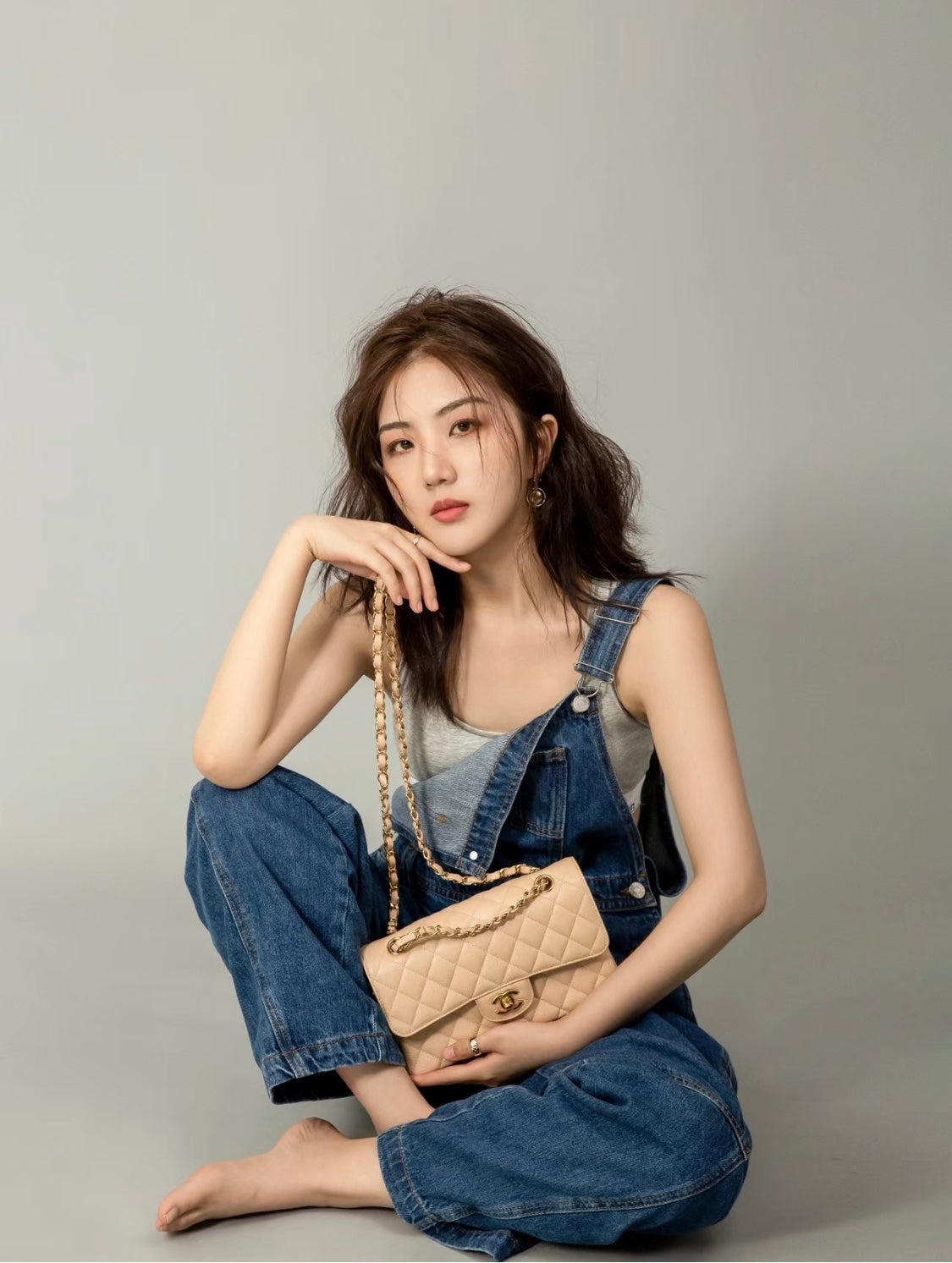 小香家-Chanel CF23 奶杏色 羊皮雙蓋淡金