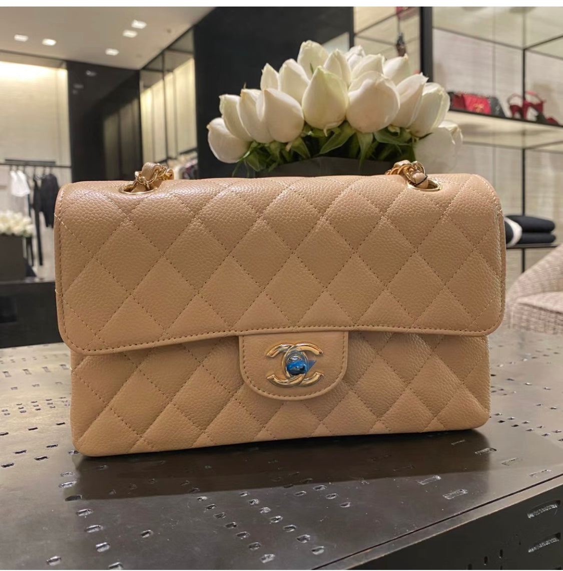 小香家-Chanel CF23 奶杏色 羊皮雙蓋淡金
